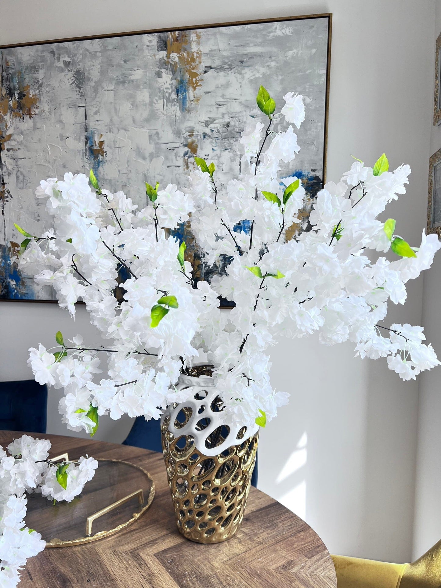 Tall White Cherry Blossom Arrangement Artificial Flora High Class Touch - Home Decor