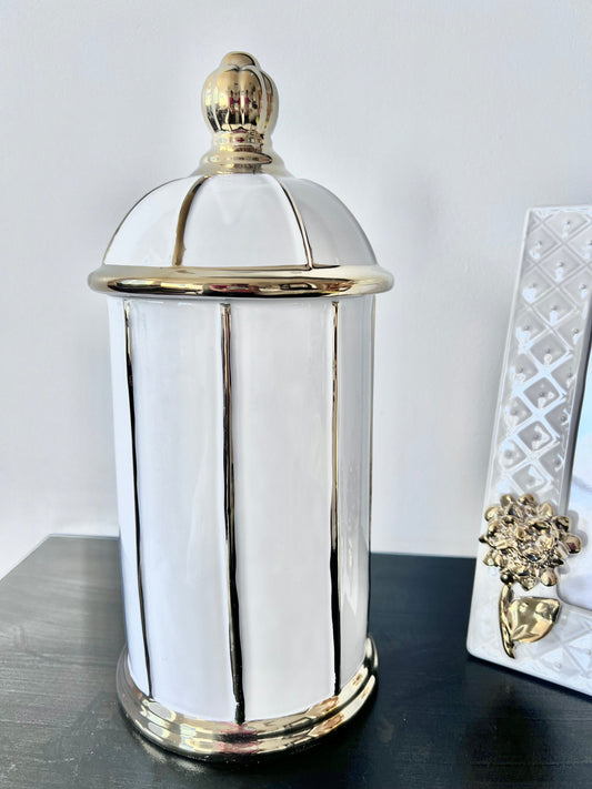 Tall White Jar with Round Dome Cover Thin Gold Stripe Design (with Imperfection) Decorative Jars High Class Touch - Home Decor 