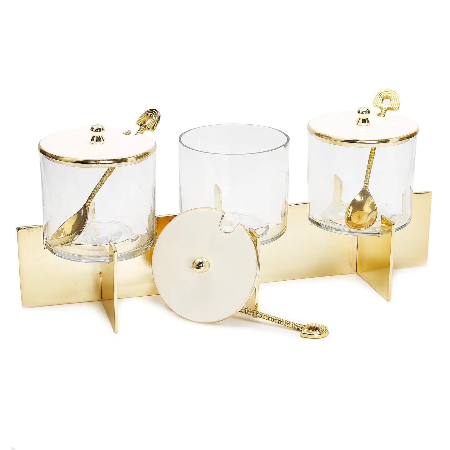 Three Glass acondiment Canister Set with Lids and Gold Metal Stand Snack Bowls High Class Touch - Home Decor