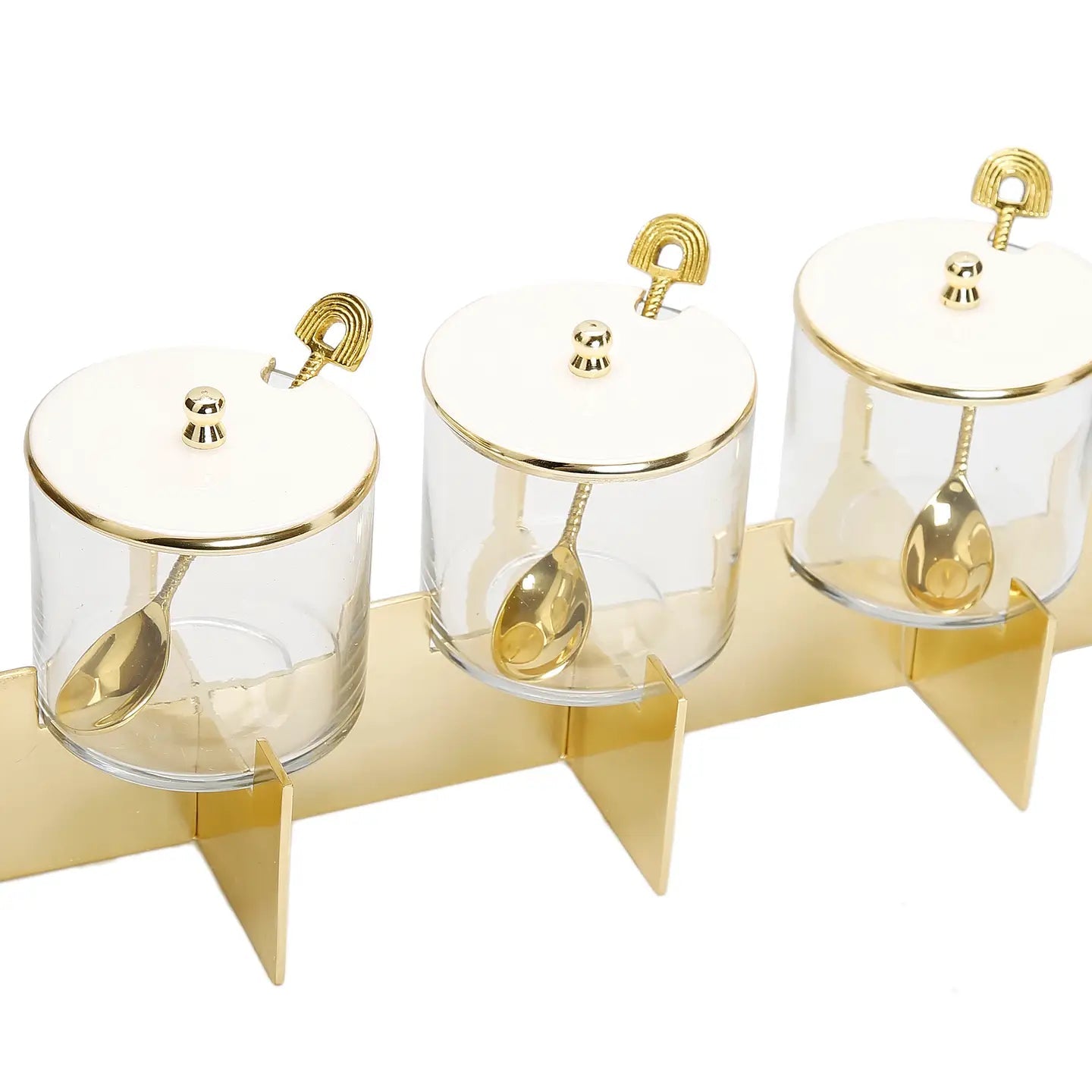Three Glass condiment Canister Set with Lids and Gold Metal Stand Snack Bowls High Class Touch - Home Decor
