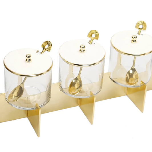 Three Glass acondiment Canister Set with Lids and Gold Metal Stand Snack Bowls High Class Touch - Home Decor 