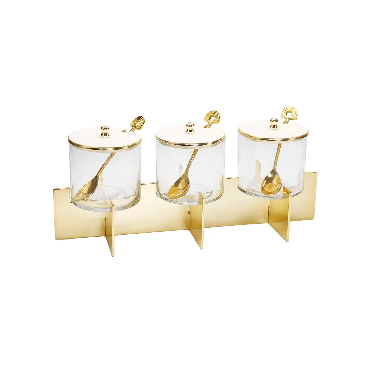 Three Glass acondiment Canister Set with Lids and Gold Metal Stand Snack Bowls High Class Touch - Home Decor