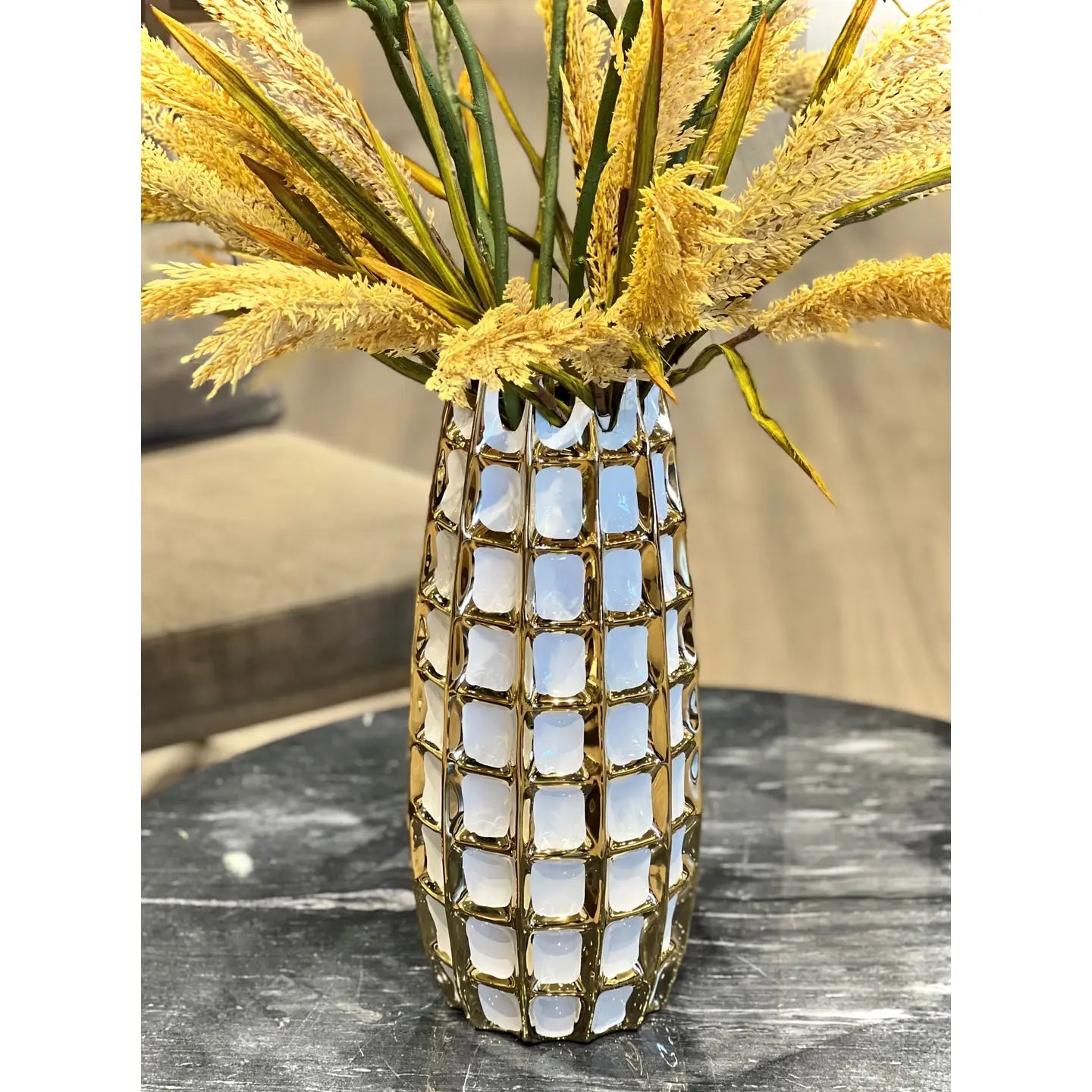White and Gold Square Design Decorative Vase Vases High Class Touch - Home Decor 