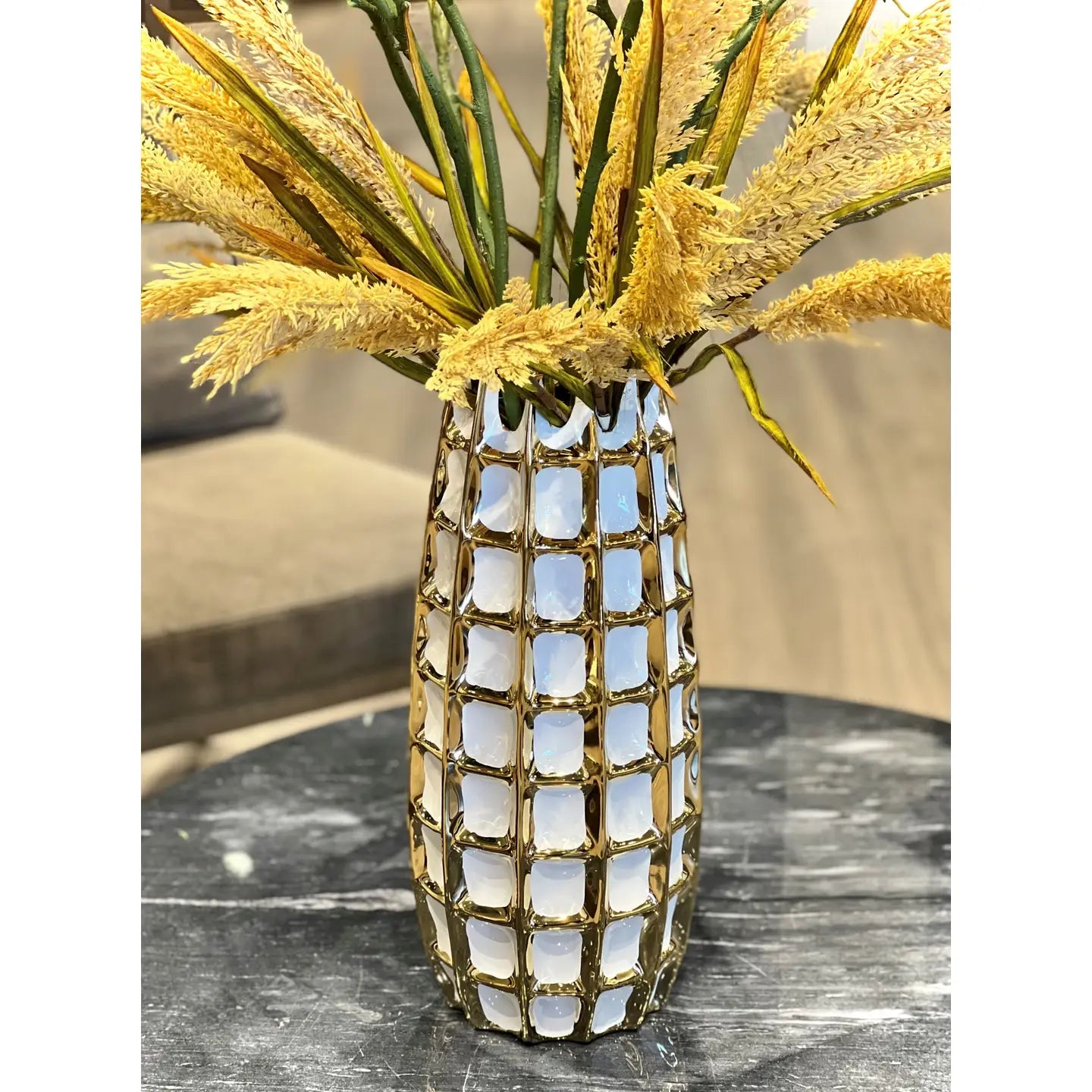 White and Gold Square Design Decorative Vase Vases High Class Touch - Home Decor