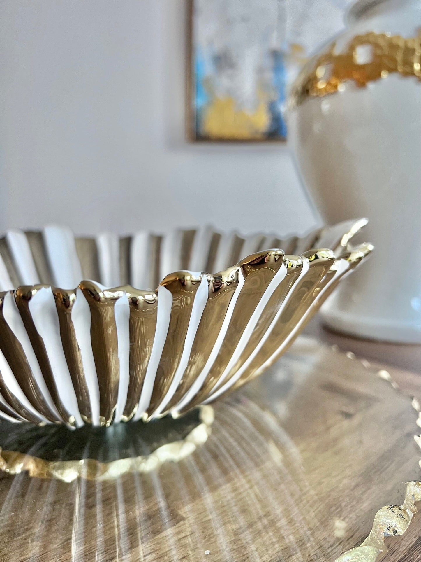 White and Gold Striped Flower Shaped Salad Bowl Decorative Bowls High Class Touch - Home Decor 