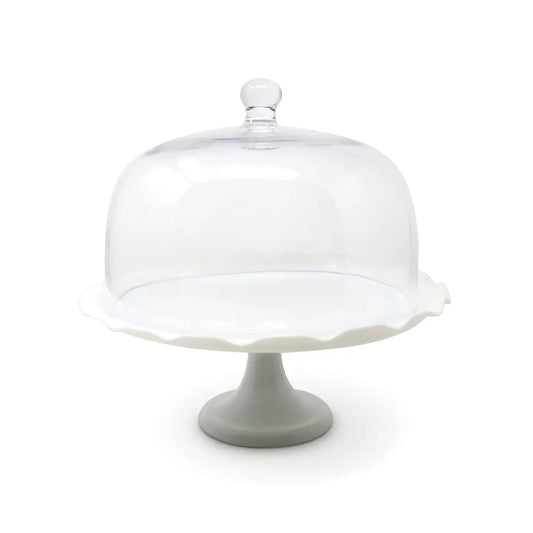 White Coloured Scalloped Cake Platter with Glass Dome High Class Touch 