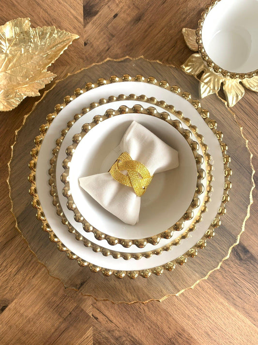 White Dinner Set Gold Beaded Border 5 Piece Set Dinnerware Sets High Class Touch - Home Decor