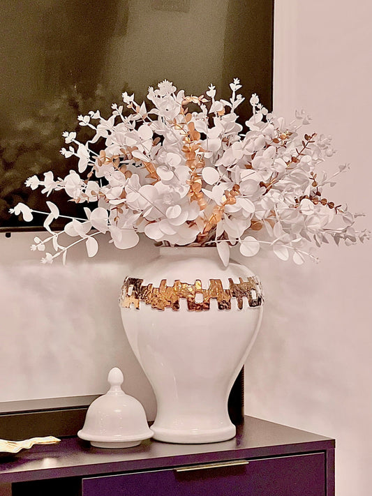 White Faux Flowers and Gold Eucalyptus Artificial Flora High Class Touch - Home Decor 