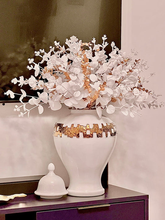 White Faux Flowers and Gold Eucalyptus Artificial Flora High Class Touch - Home Decor