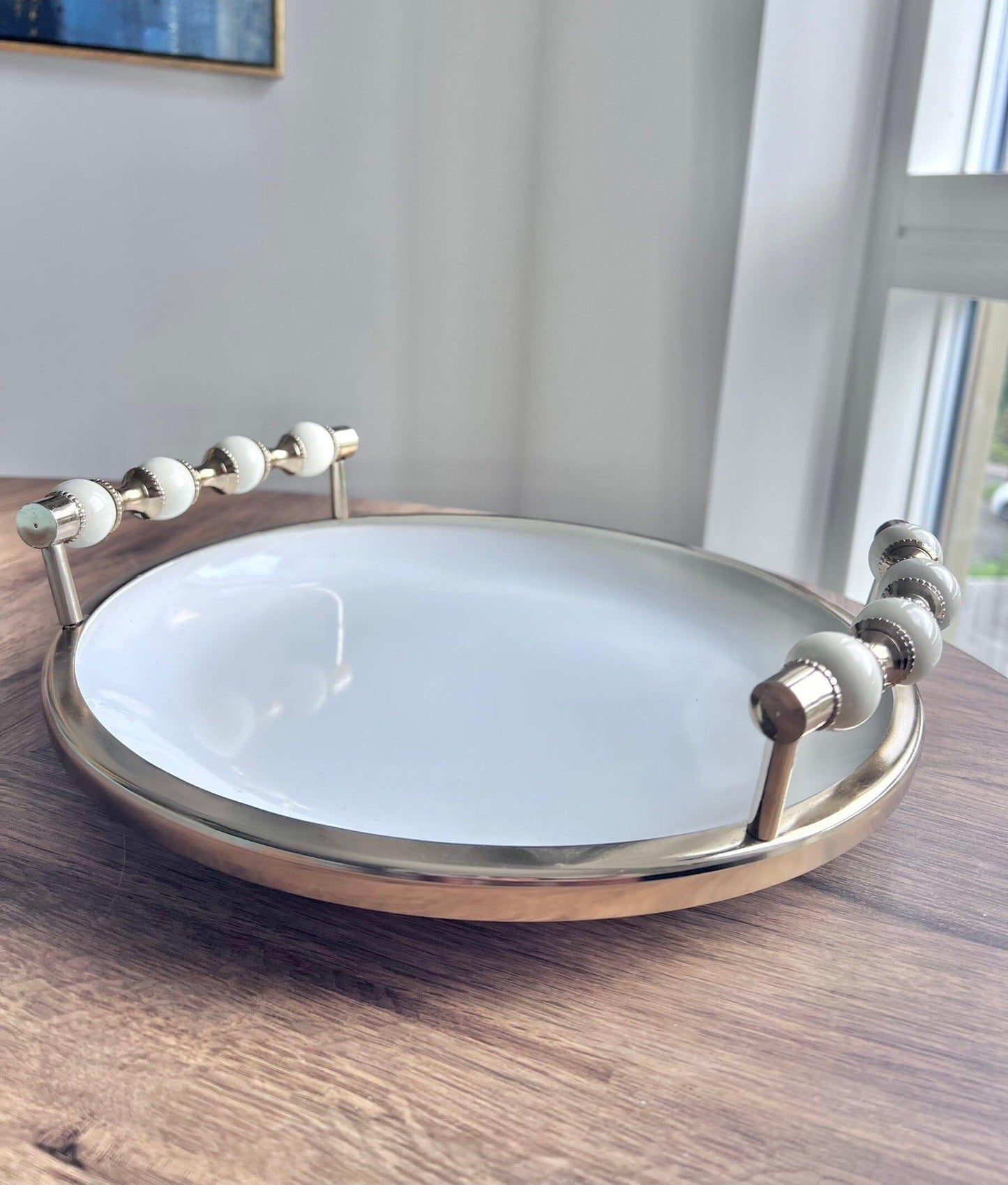 White Flat Round Plate with Gold and White Beaded Design Plates High Class Touch - Home Decor