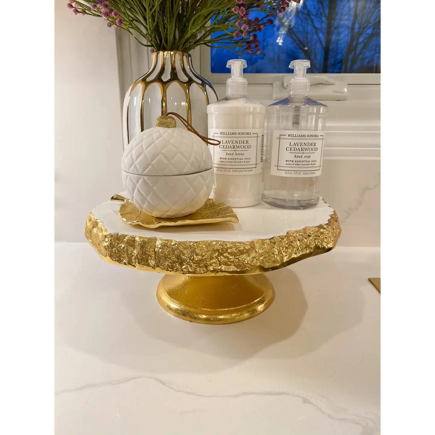White Marble Cake Tray On Gold Stem High Class Touch