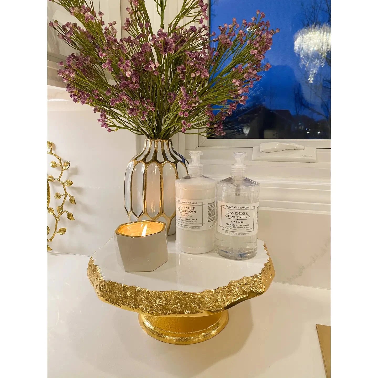 White Marble Cake Tray On Gold Stem High Class Touch