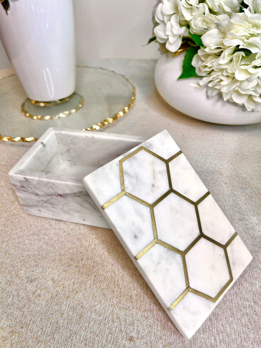 White Marble Decorative Box w/ Gold Hexagon Design on Cover Decorative box High Class Touch - Home Decor 