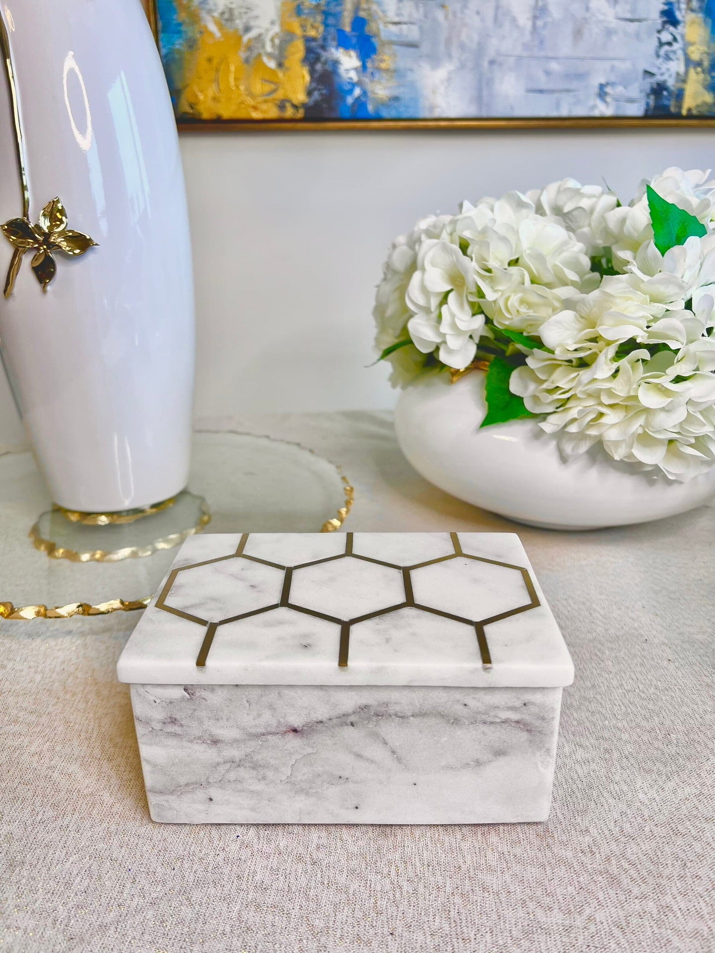 White Marble Decorative Box w/ Gold Hexagon Design on Cover Decorative box High Class Touch - Home Decor 