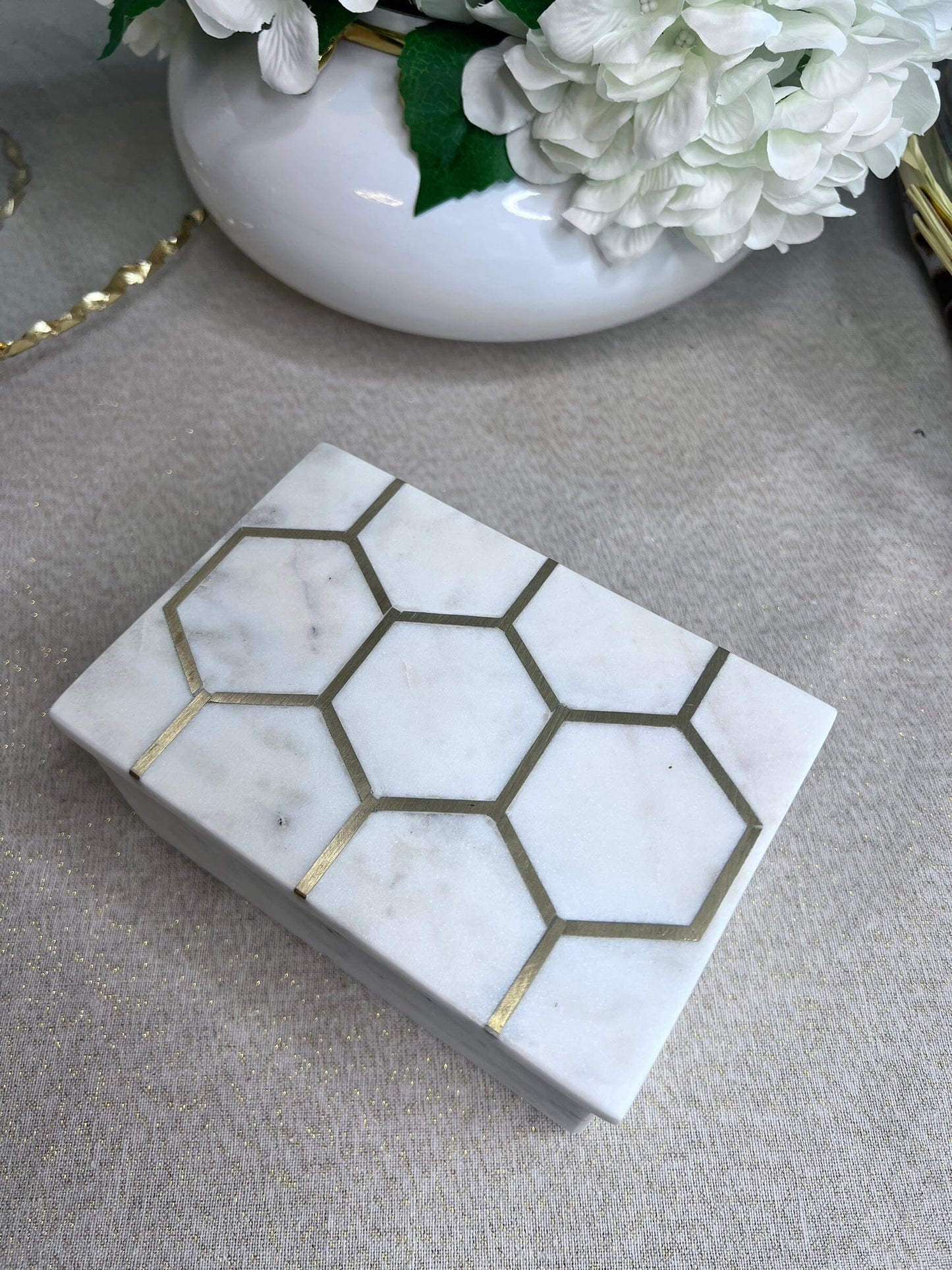 White Marble Decorative Box w/ Gold Hexagon Design on Cover Decorative box High Class Touch - Home Decor