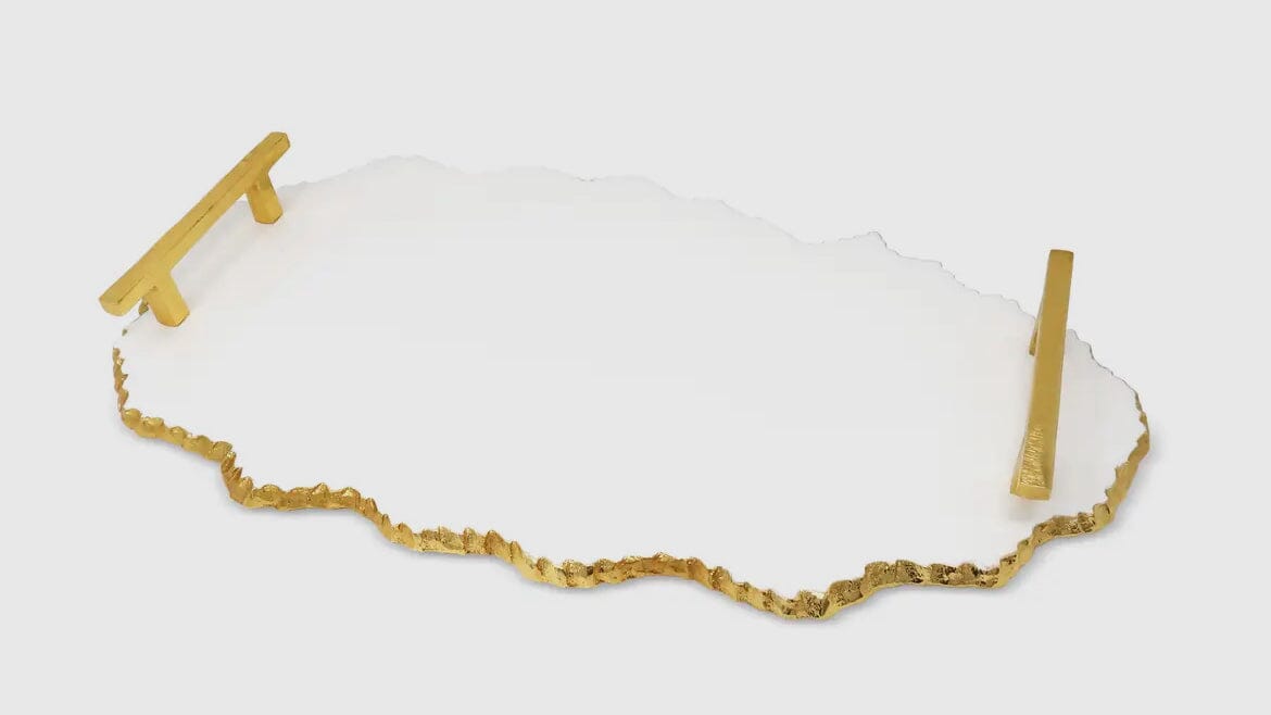 White Marble Platter Tray with Gold Handles - 19.25"L Decorative Trays High Class Touch - Home Decor