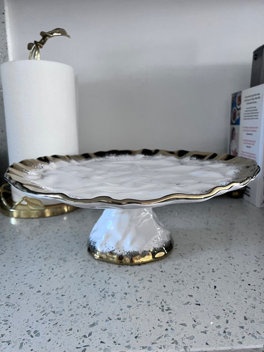 White Porcelain Cake Stand with with Opulent Gold Border Cake Stands High Class Touch - Home Decor 