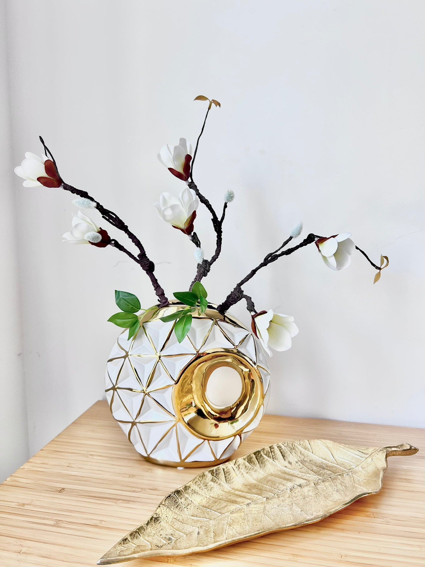 White Porcelain Round Vase with Geometrical Design Vases High Class Touch - Home Decor