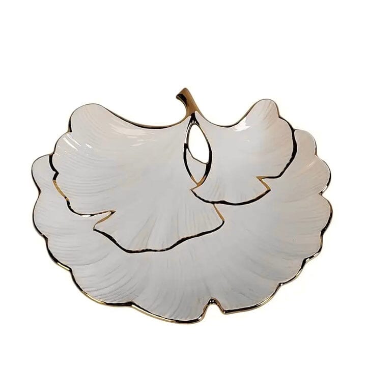 White Porcelain Sectional Leaf Plate Gold Edged 11.75" Decorative Plates High Class Touch - Home Decor