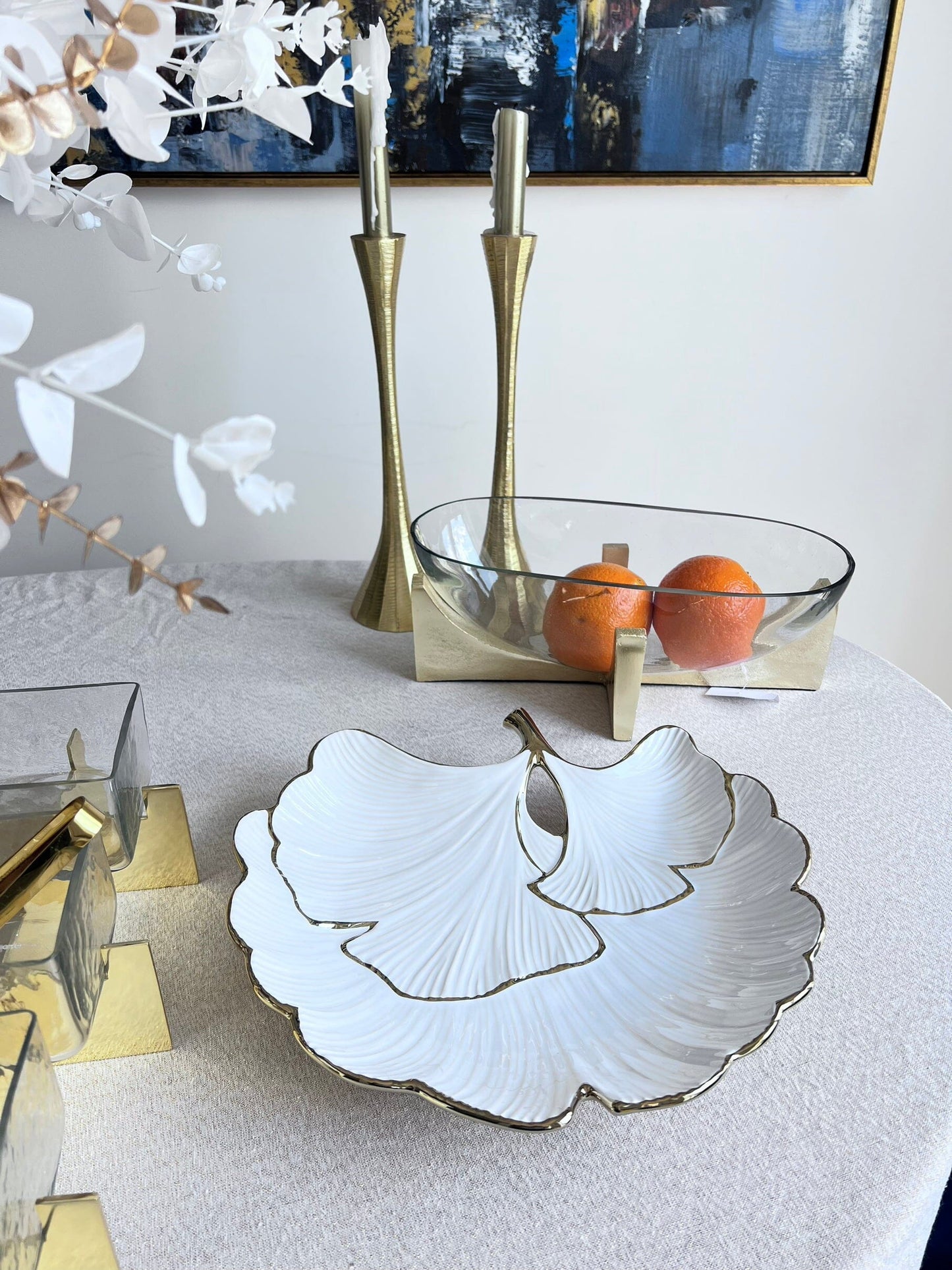White Porcelain Sectional Leaf Plate Gold Edged 11.75" Decorative Plates High Class Touch - Home Decor
