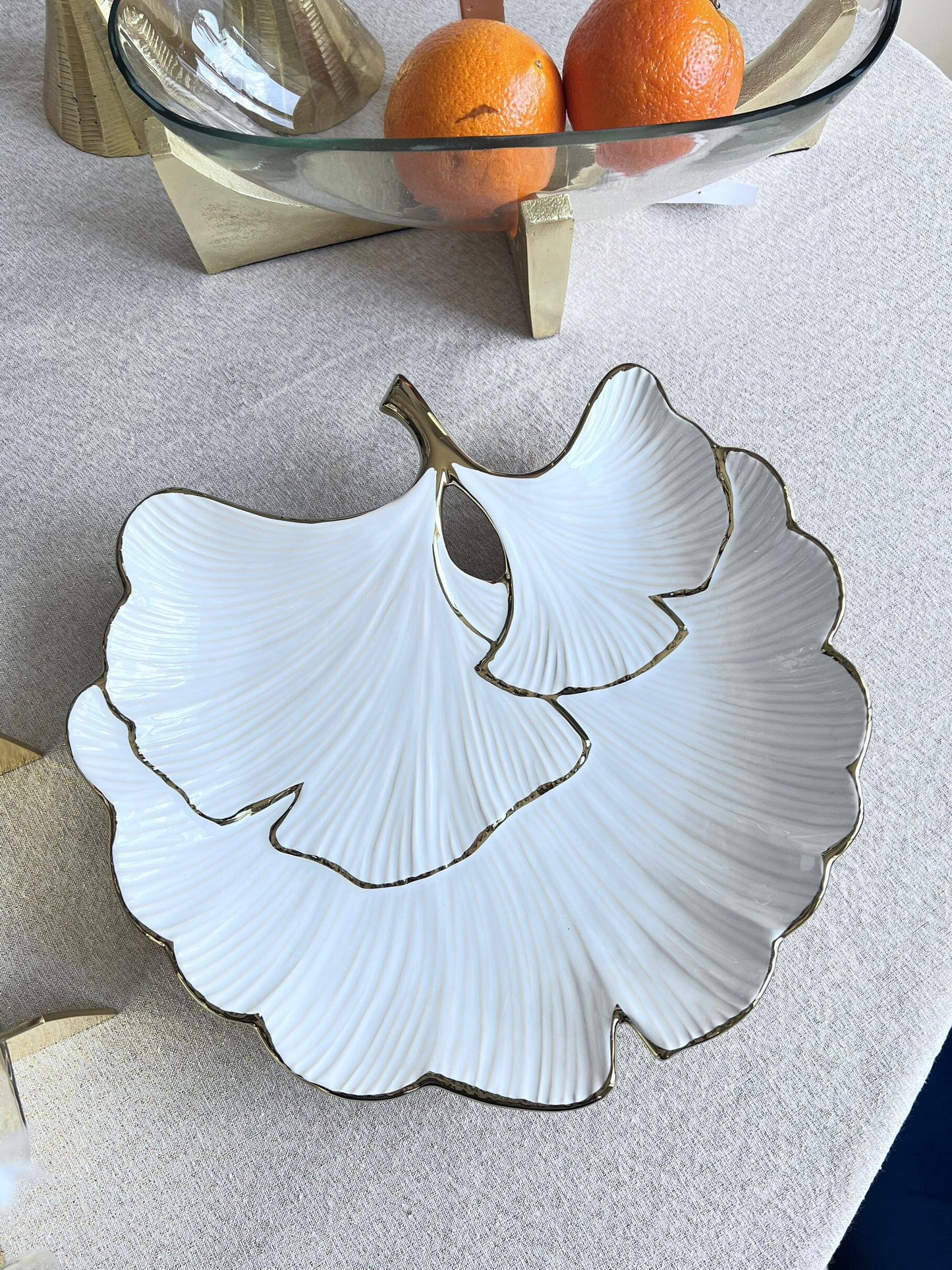 White Porcelain Sectional Leaf Plate Gold Edged 11.75" Decorative Plates High Class Touch - Home Decor