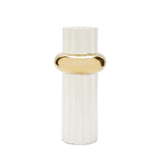 White Ripple Design Vase with Gold Ring Vases High Class Touch - Home Decor 