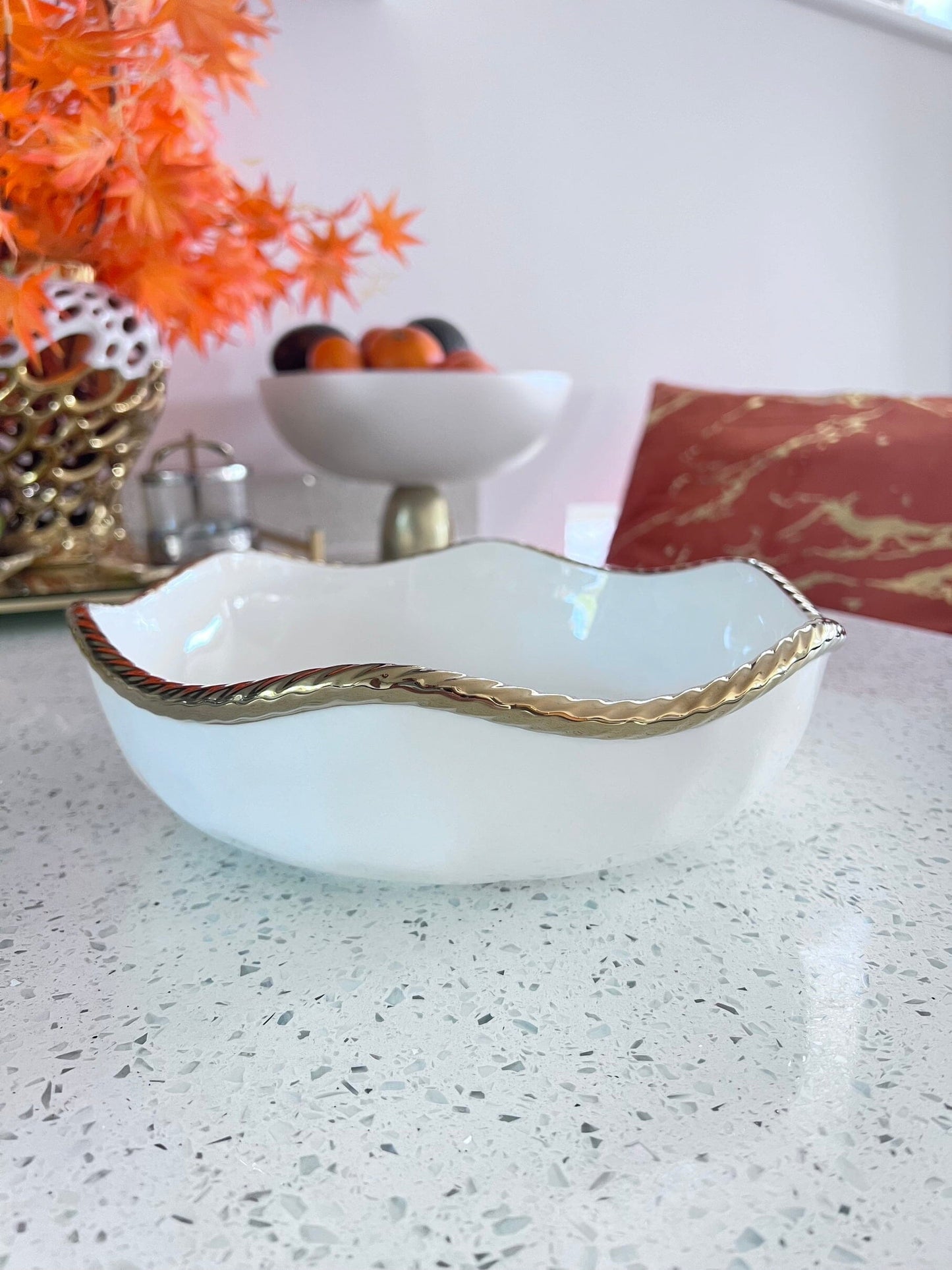 White Salad Bowl New Bone China with Gold Rope Edge High Class Touch