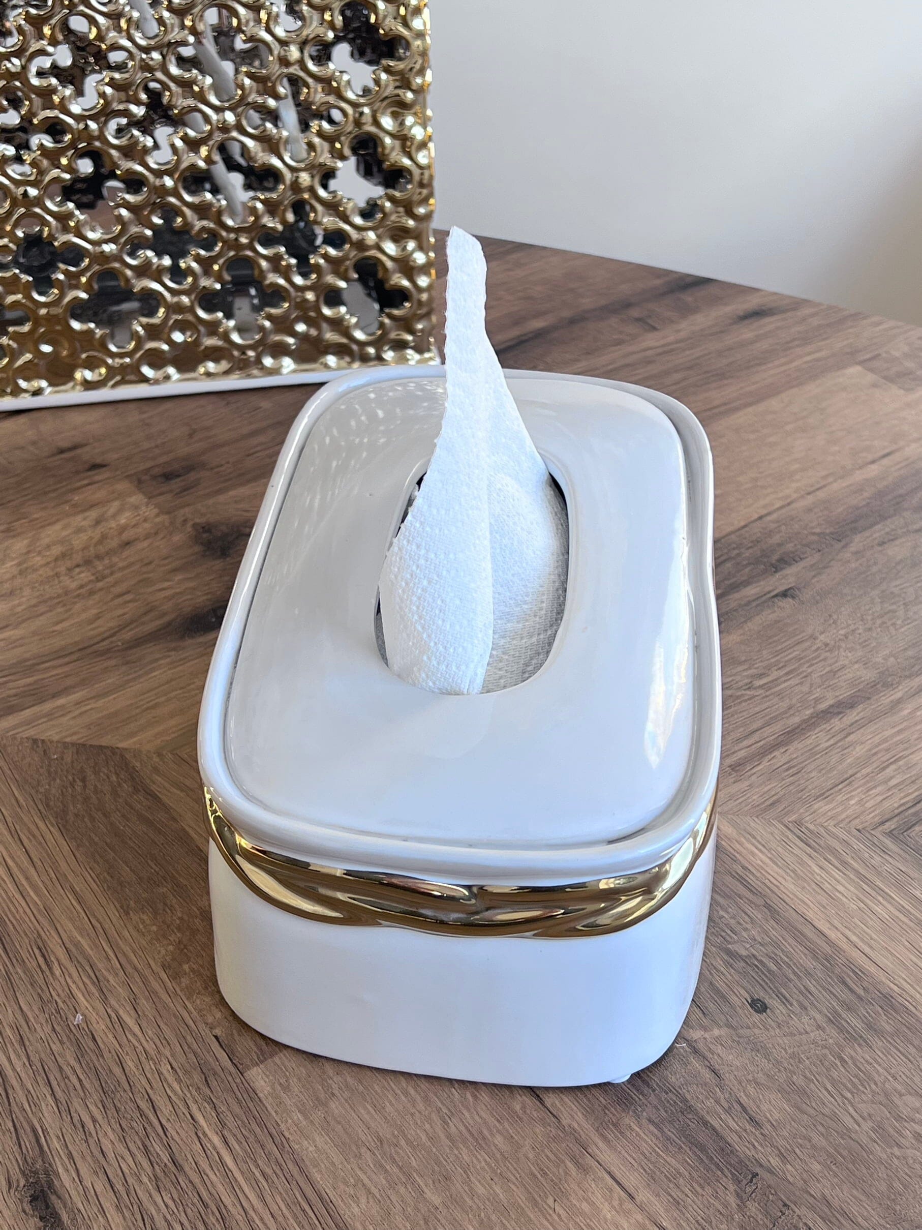 White Tissue Box Gold Rounded Design Facial Tissue Holders High Class Touch - Home Decor 