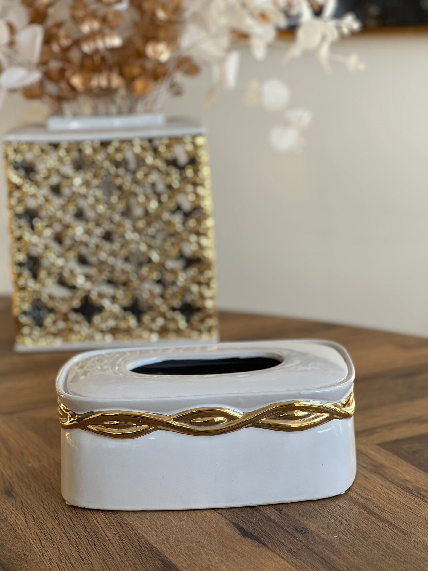White Tissue Box Gold Rounded Design Facial Tissue Holders High Class Touch - Home Decor