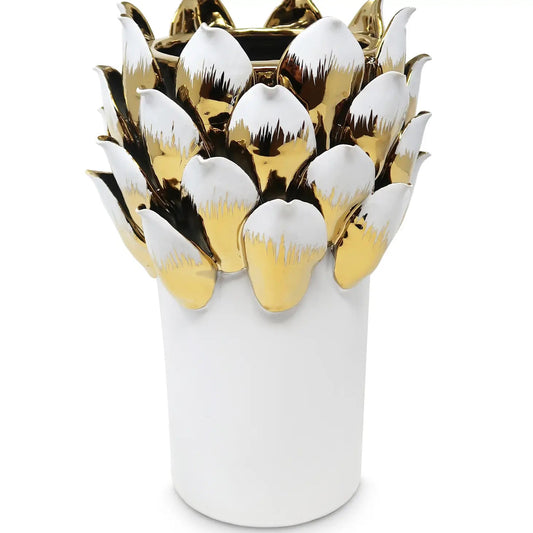 White Vase with Gold and White Petals Vases High Class Touch - Home Decor 