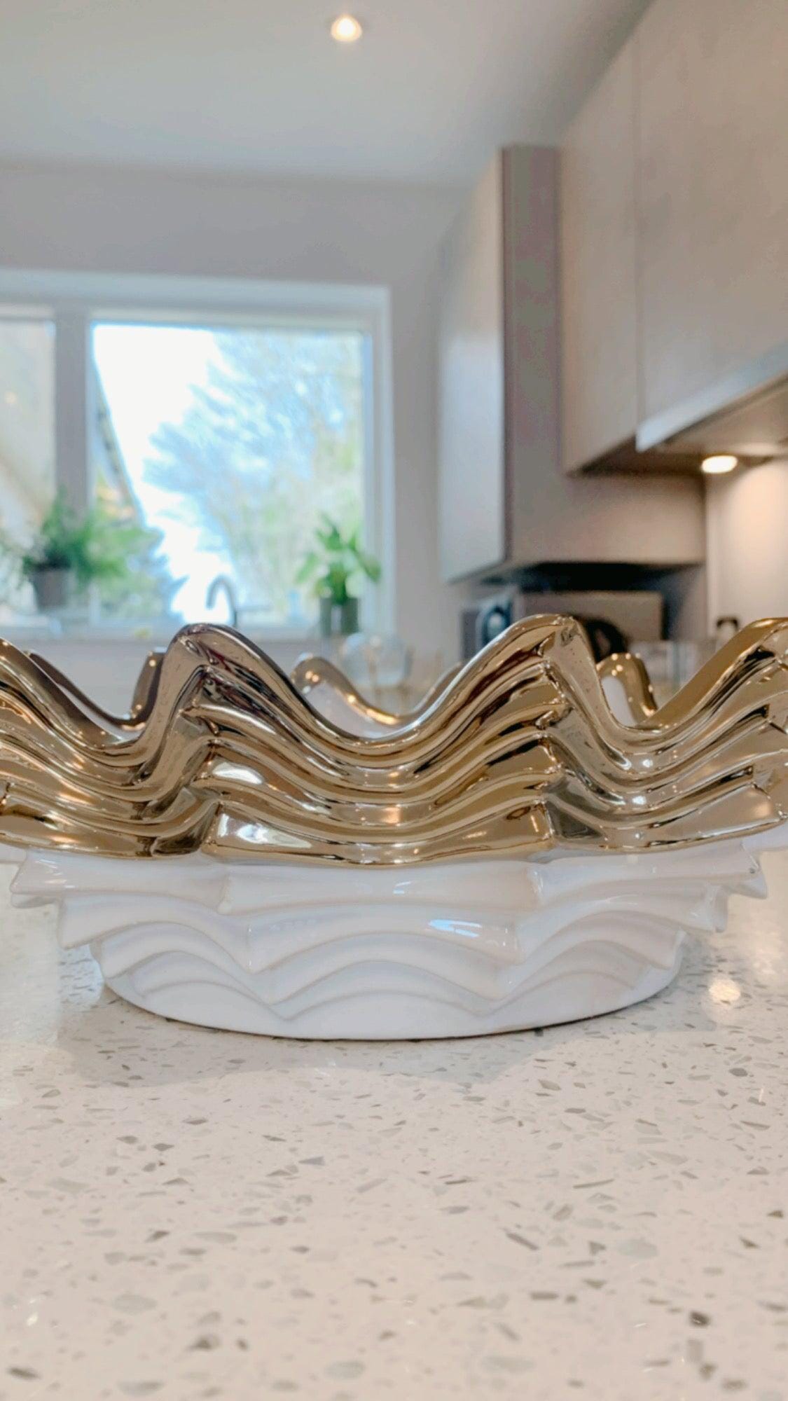 10"D White and Gold Scalloped Bowl Decorative Bowls High Class Touch - Home Decor 