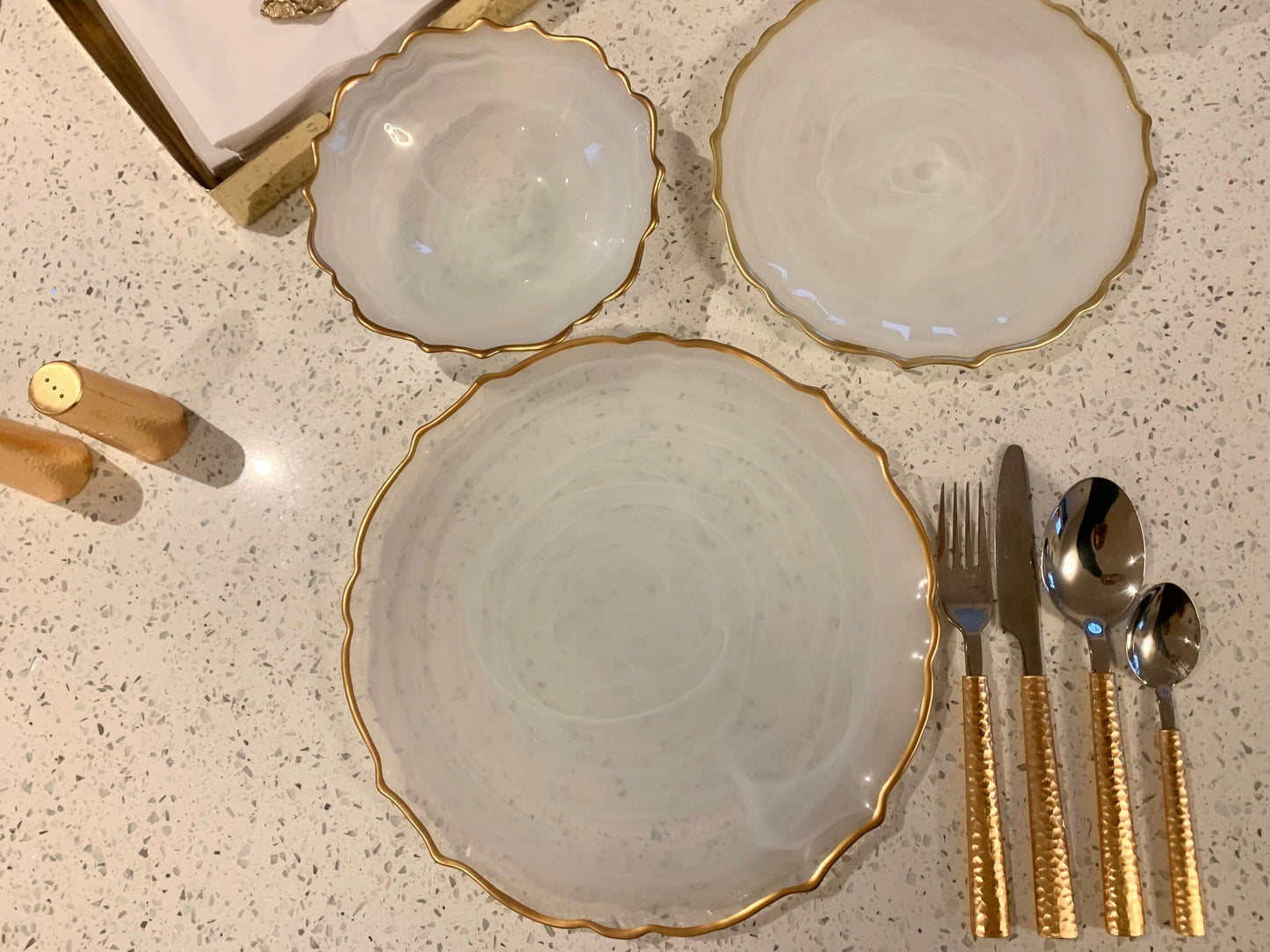 11"D Set Of 4 Alabaster White Dinner Plates with Gold Trim Plates High Class Touch - Home Decor