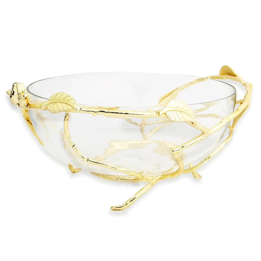 12.5"D Glass gold Bowl On Stainless Leaf Stand Serving Bowls High Class Touch - Home Decor
