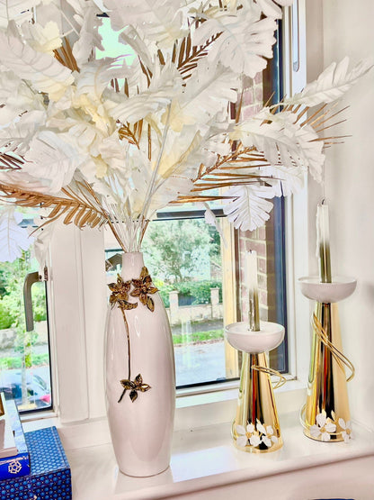 18" White Tall Vase Gold and White Flower Design Vases High Class Touch - Home Decor 
