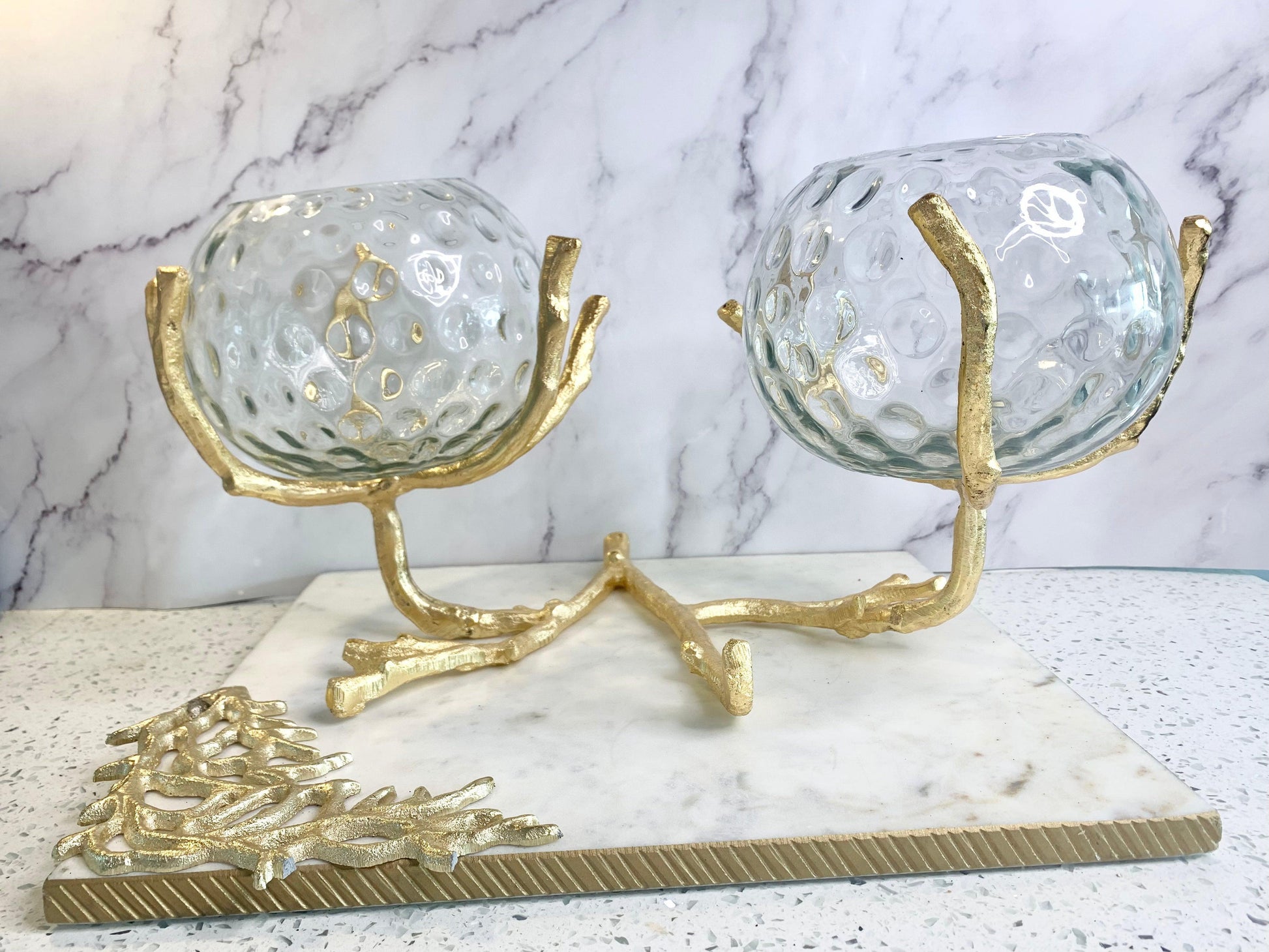 2 Glass Bowl on Gold Branch Holder Centerpiece Decorative Bowls High Class Touch - Home Decor