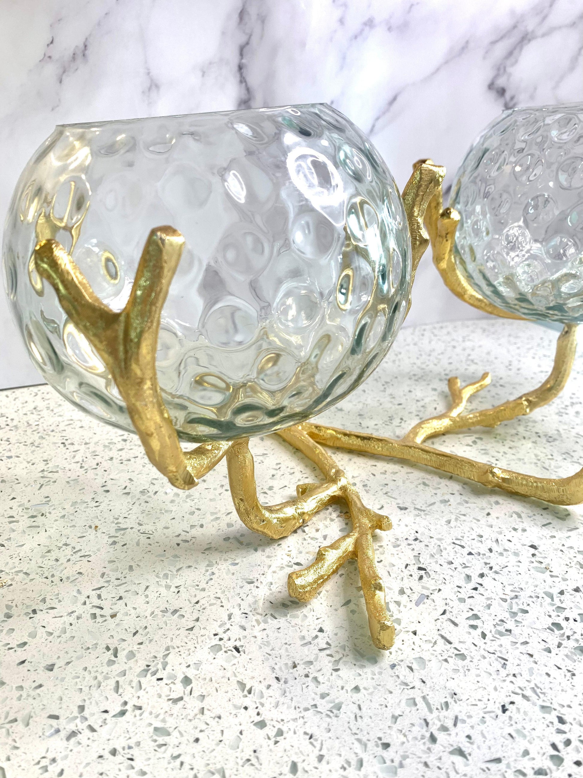 2 Glass Bowl on Gold Branch Holder Centerpiece Decorative Bowls High Class Touch - Home Decor 