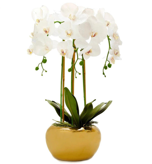 3 Branched White Orchid Plant in Gold Pot Artificial Flora High Class Touch - Home Decor 