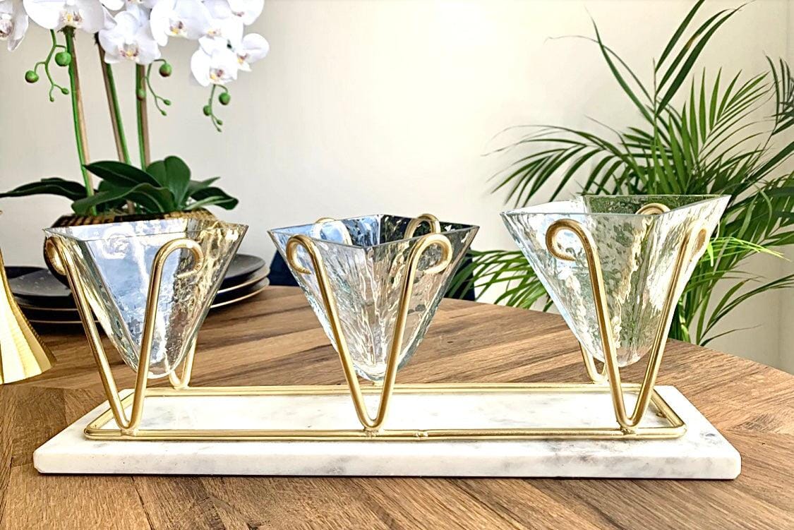 3 Sectional Glass Relish Dish With Gold Brass And Marble Base Snack Bowls High Class Touch - Home Decor 
