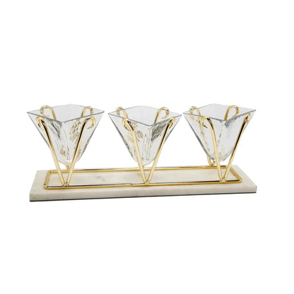3 Sectional Glass Relish Dish With Gold Brass And Marble Base Snack Bowls High Class Touch - Home Decor 