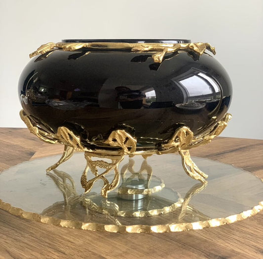Black Glass Bowl With Gold Leaves Detail 10"D x 6"H Decorative Bowls High Class Touch - Home Decor 