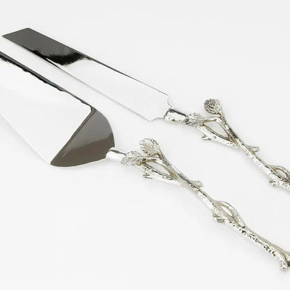 Cake Server and Knife Set with Gold Leaf Design, Dims 12"L Cake Servers High Class Touch - Home Decor Nickel 