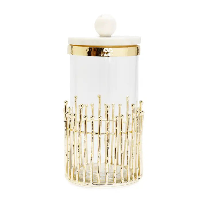 Canister with Gold Straight Cut Design and Marble Lid Canisters High Class Touch - Home Decor 