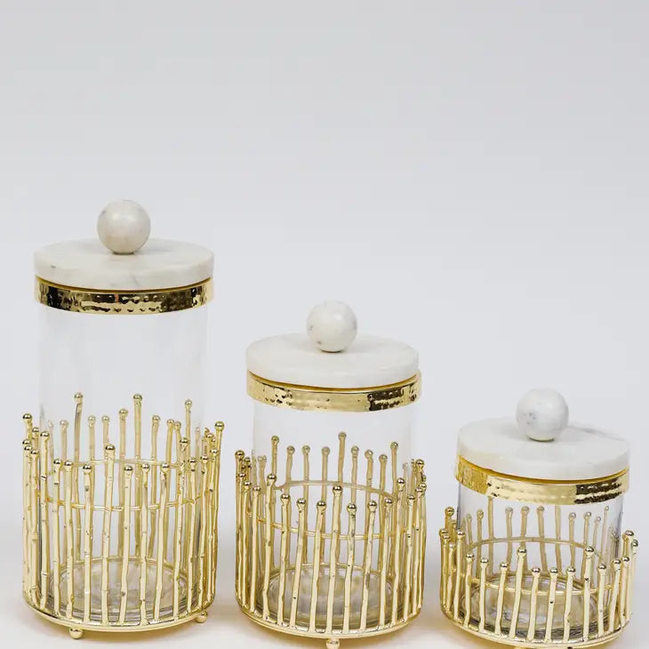 Canister with Gold Straight Cut Design and Marble Lid Canisters High Class Touch - Home Decor 