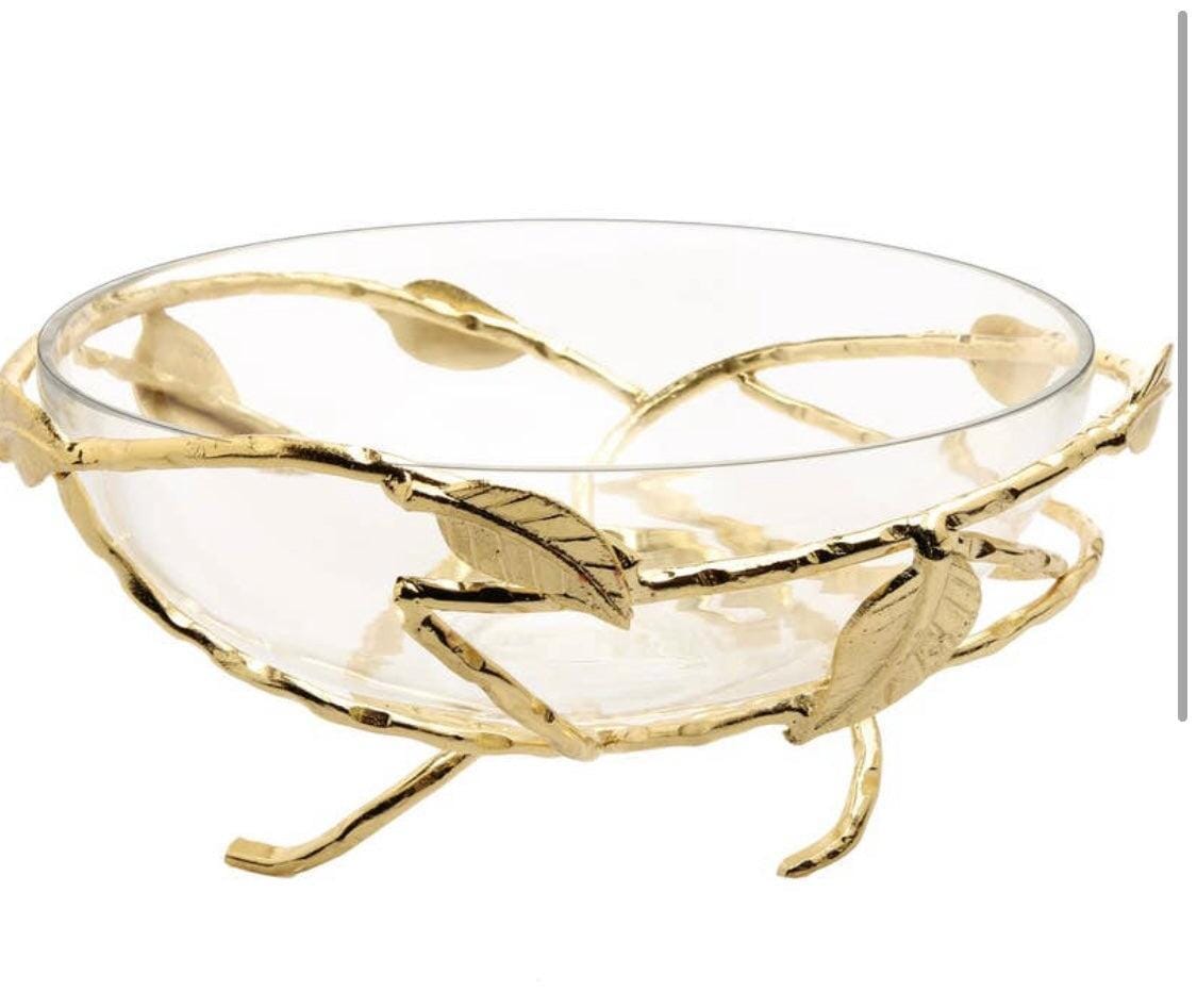 Glass Bowl On Stainless Leaf Stand Serving Bowls High Class Touch - Home Decor 