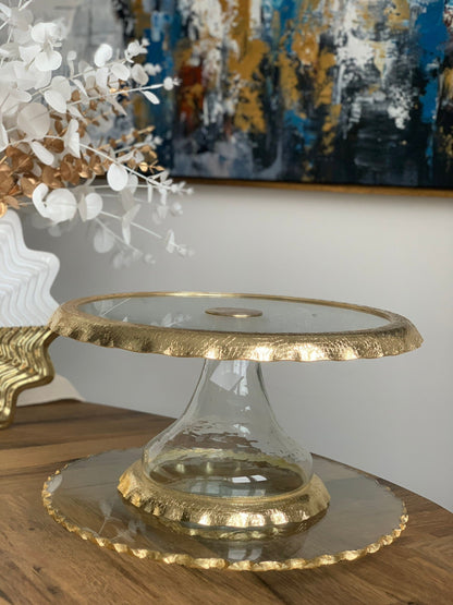 Glass Cake Stand with Gold Ruffle Border Cake Stands High Class Touch - Home Decor 