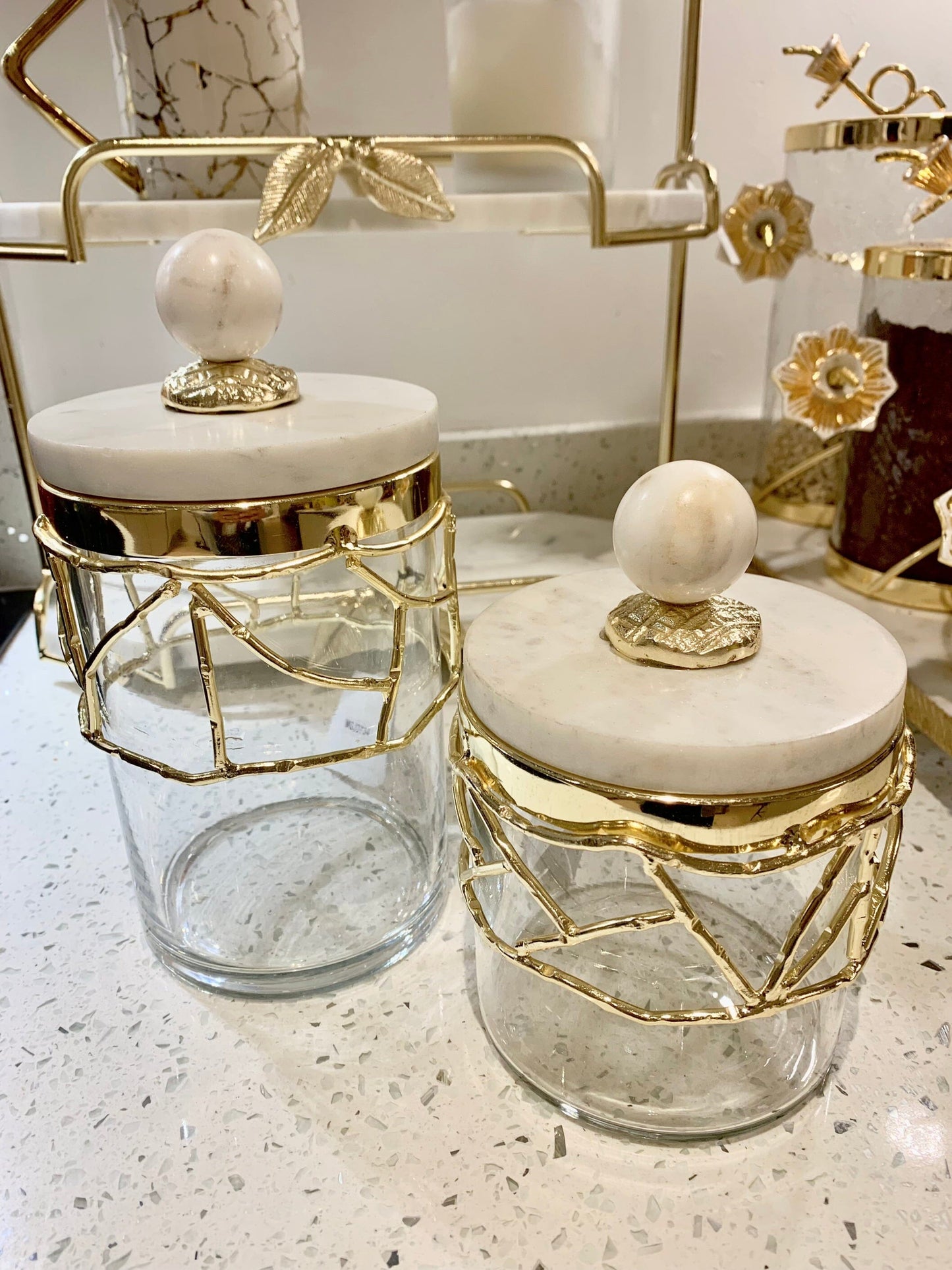Glass Canister Gold Mesh Design, Marble Lid Canisters High Class Touch - Home Decor