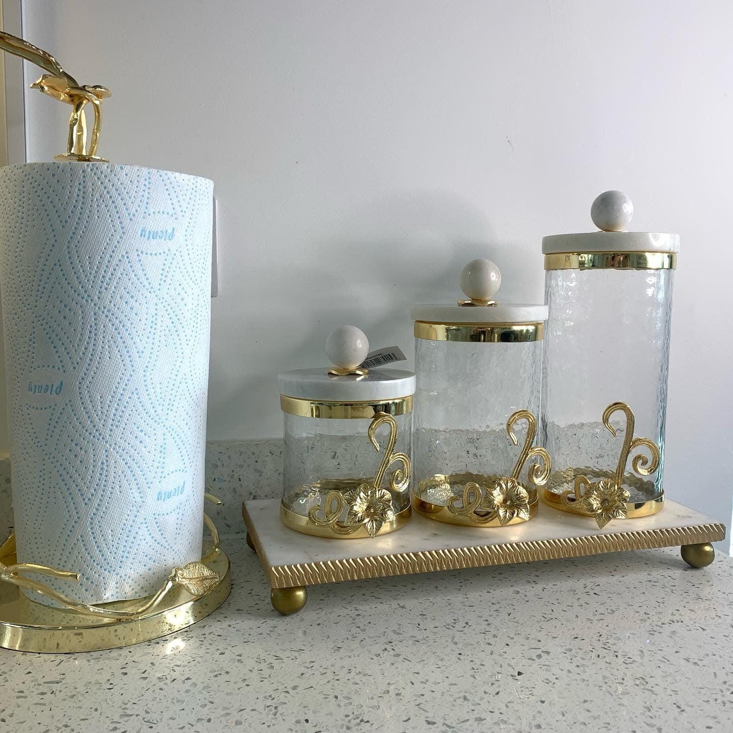 Glass Canister with Gold Design and Marble Lid Canisters High Class Touch - Home Decor
