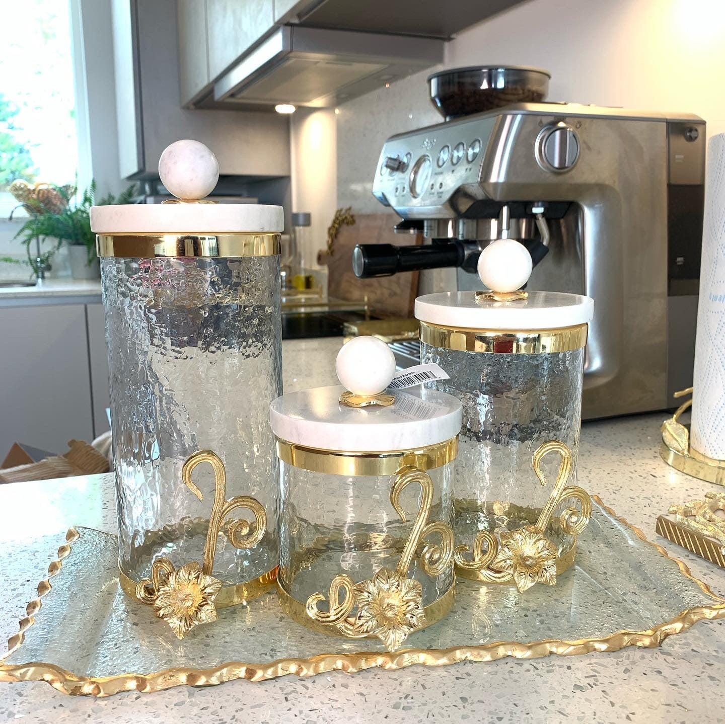 Glass Canister with Gold Design and Marble Lid Canisters High Class Touch - Home Decor