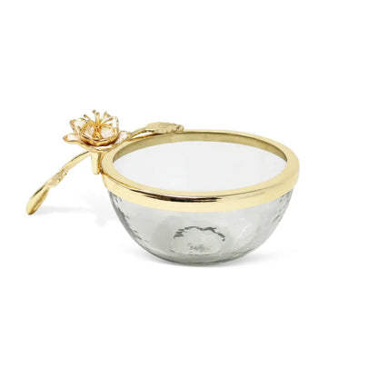 Glass Dish with Gold Enamel Flower Design On Handle Decorative Bowls High Class Touch - Home Decor 