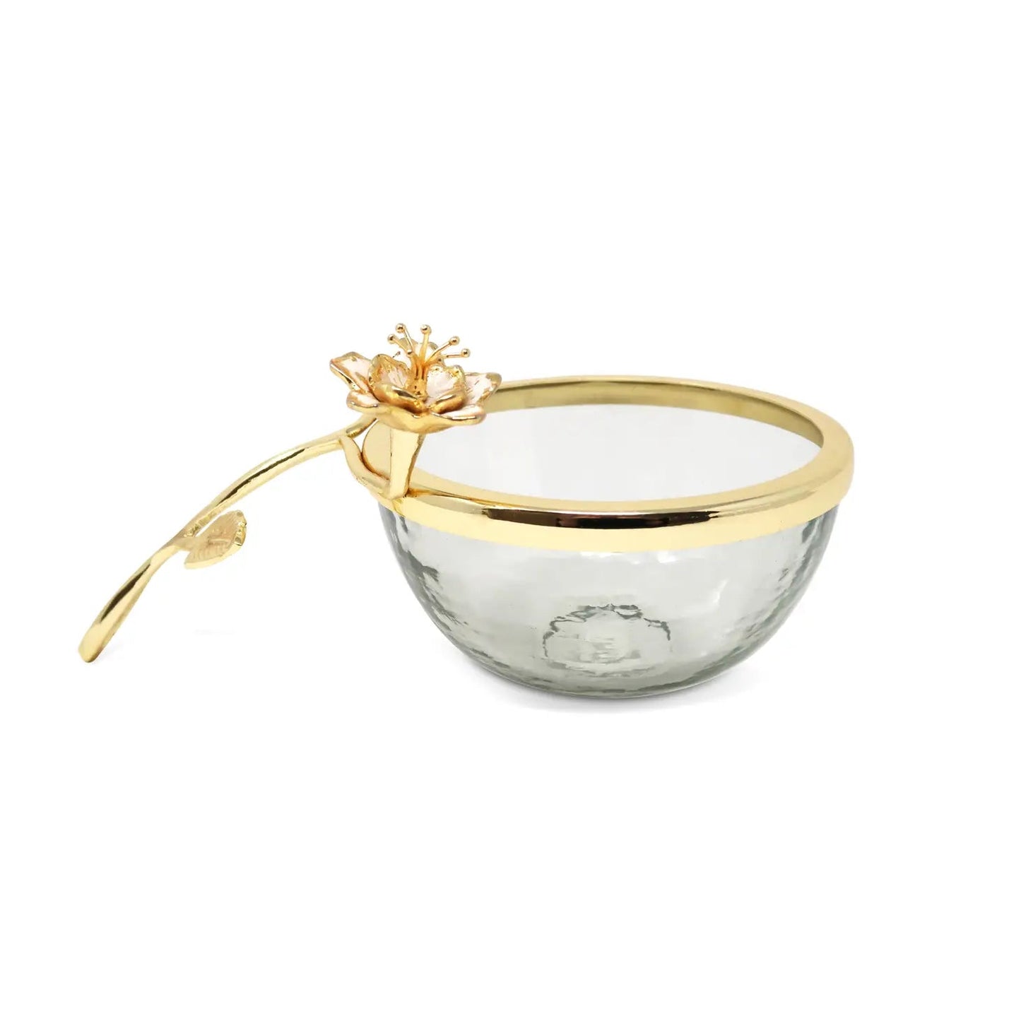 Glass Dish with Gold Enamel Flower Design On Handle Decorative Bowls High Class Touch - Home Decor